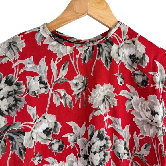 Vintage 80s Attaché Herman Geist Linen Red Floral Blouse Button Back Crewneck, 8 - Picture 2 of 10